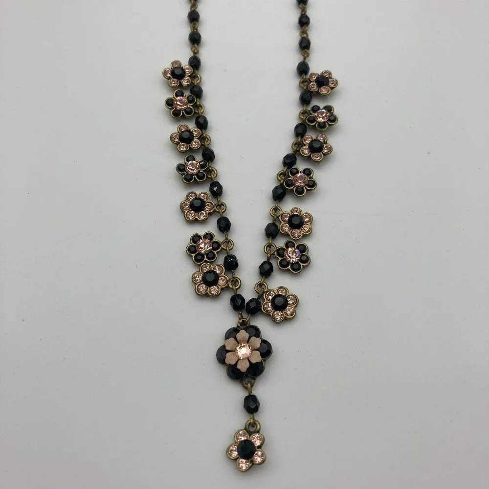 Vtg Michal Negrin Black Pink Beaded Floral Daisy Chain Choker Crystal Accents - Picture 9 of 9